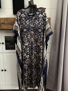 Winlar Navy Floral Leopard Print Satin Caftan One Size Boho Resort